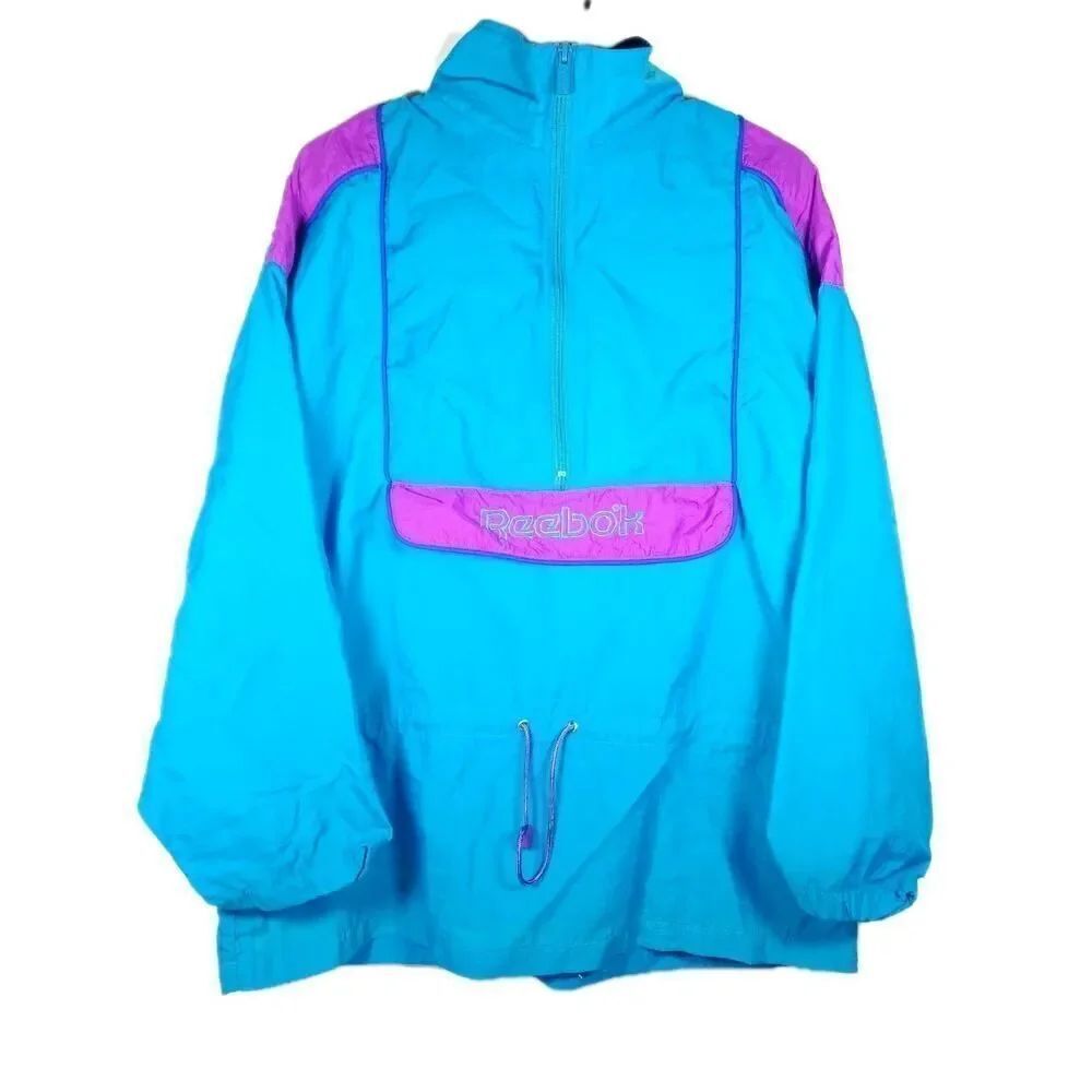 Reebok Men's VTG Medium Blue 1/4 Zip Nylon Hooded Windbreaker Pullover Jacket